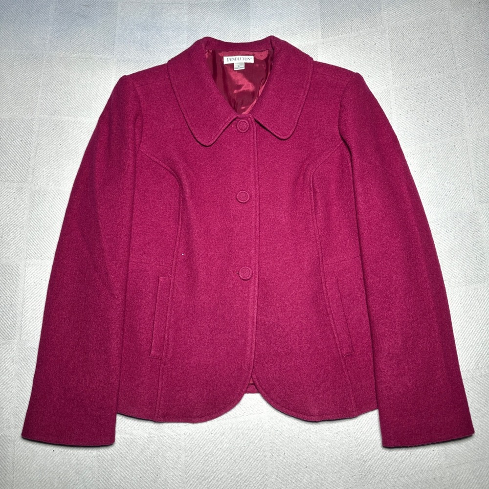 Pendleton Wool Coat Womens Large Peplum Back Button Front Lined Raspberry Pink